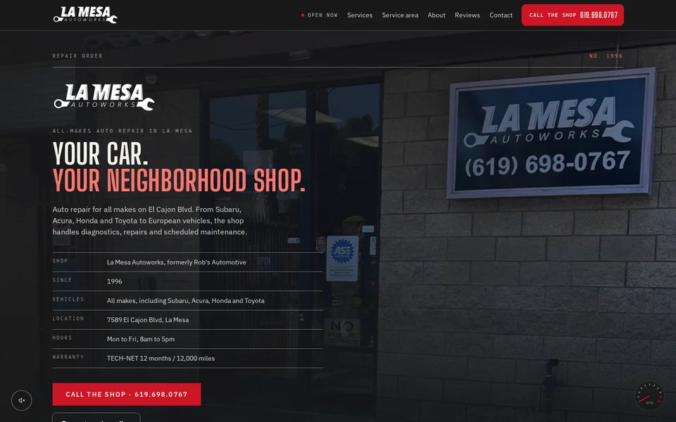 Homepage of the La Mesa Autoworks website