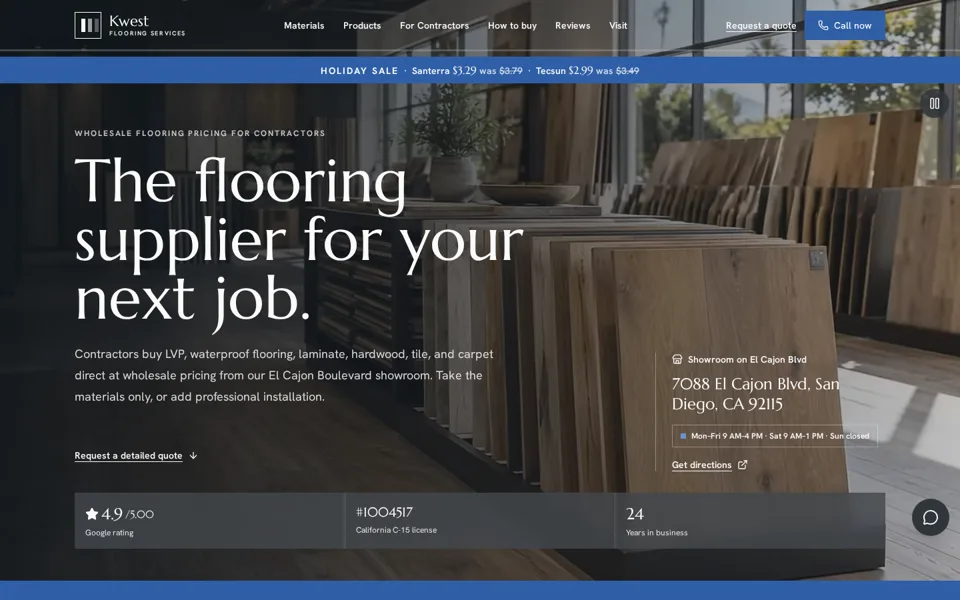 Homepage of the Kwest Flooring Services website