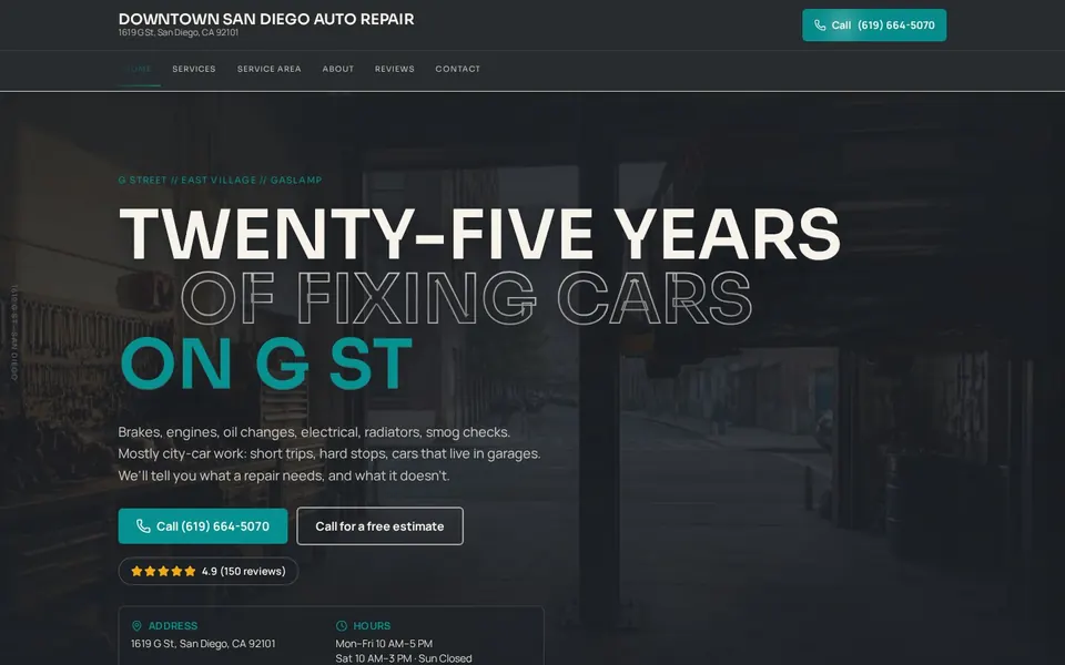 Homepage of the Downtown SD Auto website