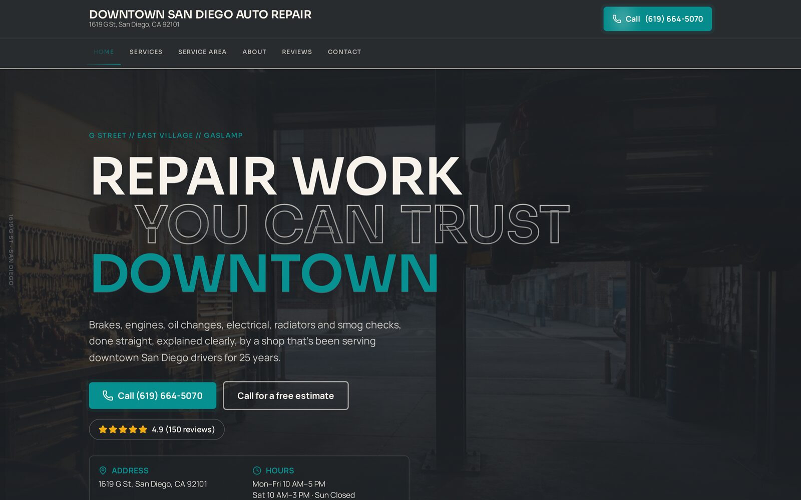 Homepage of the Downtown SD Auto website