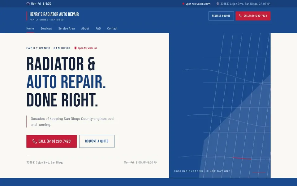 Homepage of the Henry's Radiator & Auto Repair website