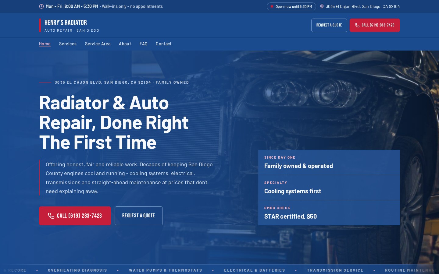 Homepage of the Henry's Radiator & Auto Repair website